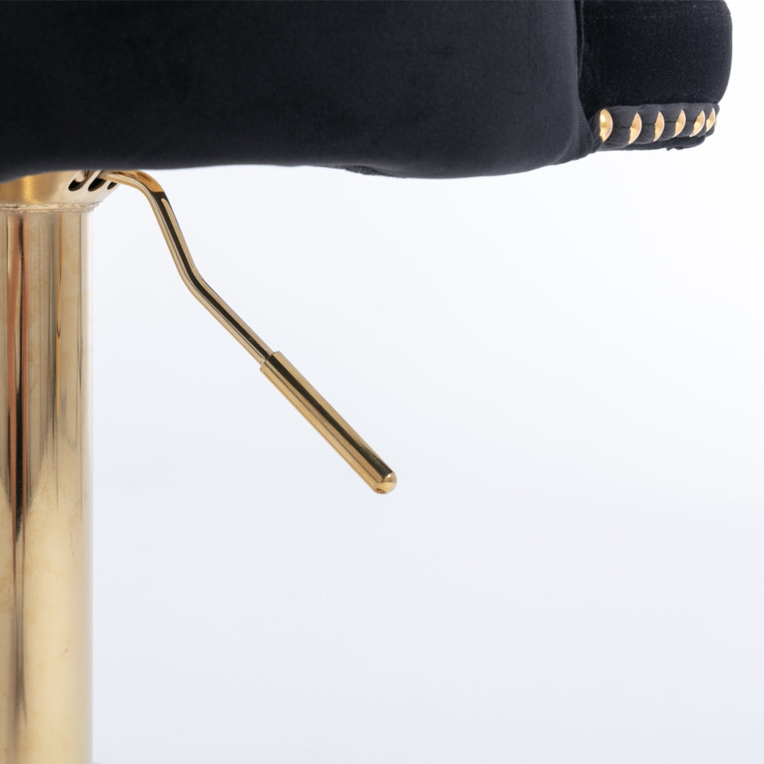 2x Height Adjustable Swivel Bar Stool Velvet Studs Barstool with Footrest and Golden Base- Black Does not apply