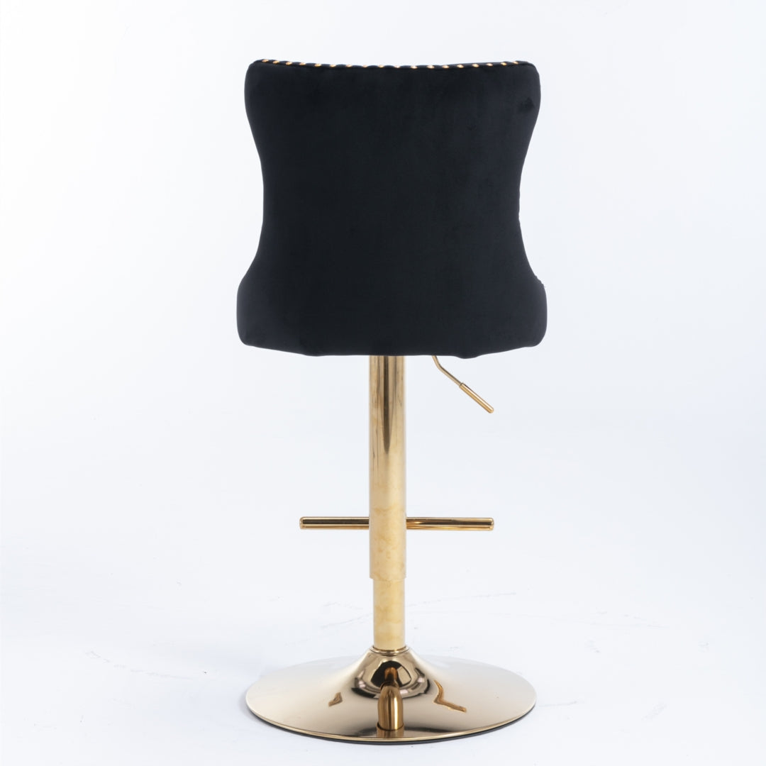 2x Height Adjustable Swivel Bar Stool Velvet Studs Barstool with Footrest and Golden Base- Black Does not apply