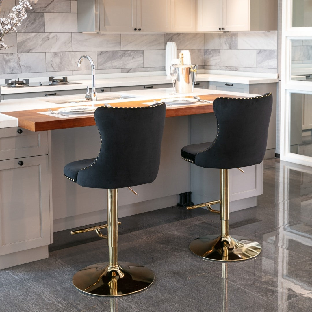2x Height Adjustable Swivel Bar Stool Velvet Studs Barstool with Footrest and Golden Base- Black Does not apply