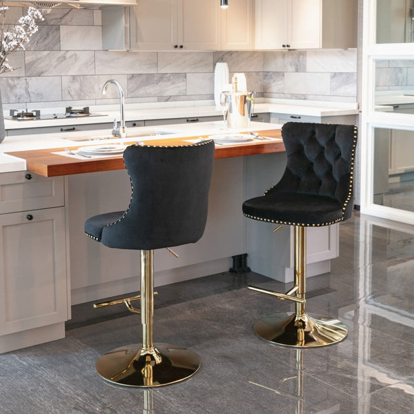 2x Height Adjustable Swivel Bar Stool Velvet Studs Barstool with Footrest and Golden Base- Black Does not apply