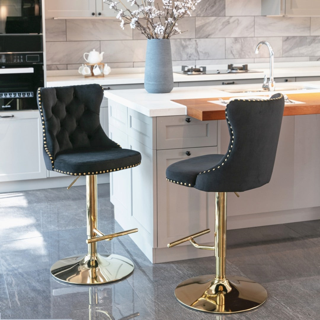 2x Height Adjustable Swivel Bar Stool Velvet Studs Barstool with Footrest and Golden Base- Black Does not apply