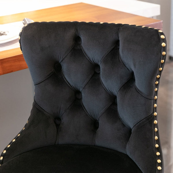 2x Height Adjustable Swivel Bar Stool Velvet Studs Barstool with Footrest and Golden Base- Black Does not apply