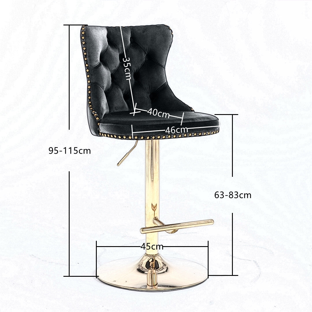 2x Height Adjustable Swivel Bar Stool Velvet Studs Barstool with Footrest and Golden Base- Black Does not apply