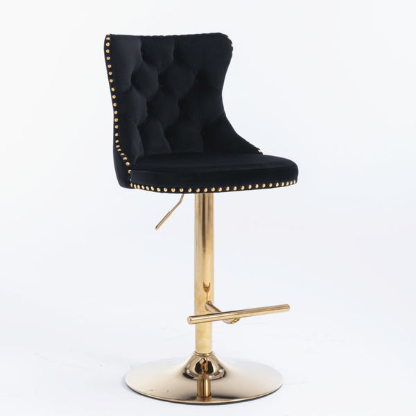 2x Height Adjustable Swivel Bar Stool Velvet Studs Barstool with Footrest and Golden Base- Black Does not apply