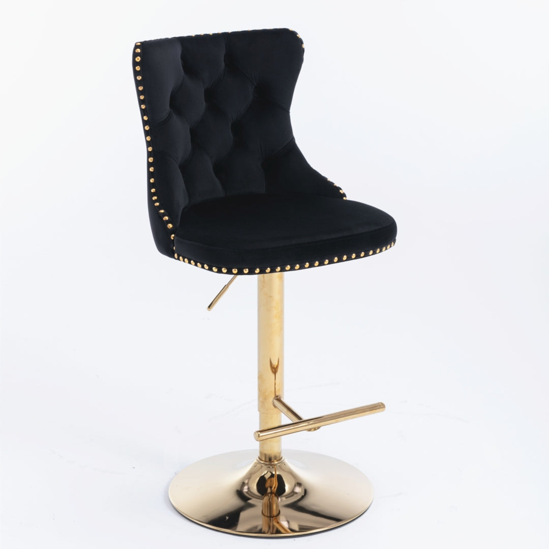 2x Height Adjustable Swivel Bar Stool Velvet Studs Barstool with Footrest and Golden Base- Black Does not apply