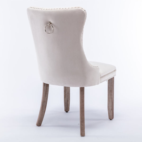 2x Velvet Dining Chairs Upholstered Tufted Kithcen Chair with Solid Wood Legs Stud Trim and Ring-Beige Artiss