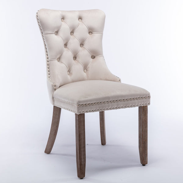 2x Velvet Dining Chairs Upholstered Tufted Kithcen Chair with Solid Wood Legs Stud Trim and Ring-Beige Artiss