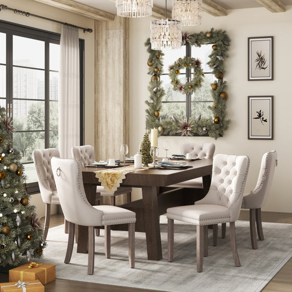 2x Velvet Dining Chairs Upholstered Tufted Kithcen Chair with Solid Wood Legs Stud Trim and Ring-Beige Artiss