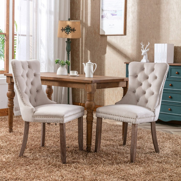 2x Velvet Dining Chairs Upholstered Tufted Kithcen Chair with Solid Wood Legs Stud Trim and Ring-Beige Artiss