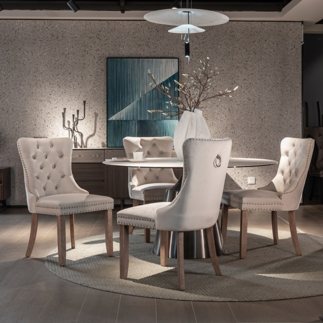 2x Velvet Dining Chairs Upholstered Tufted Kithcen Chair with Solid Wood Legs Stud Trim and Ring-Beige Artiss