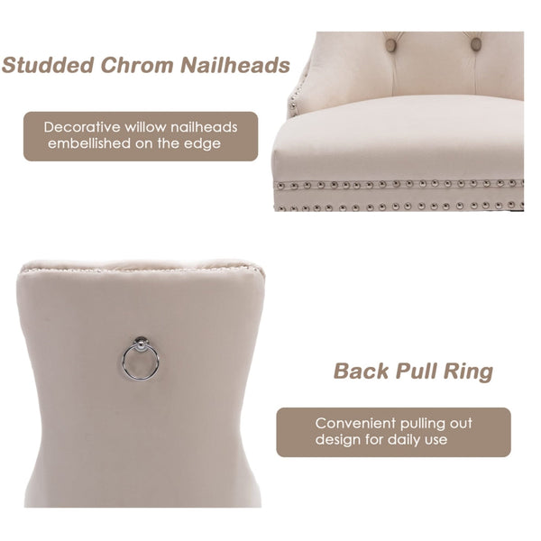 2x Velvet Dining Chairs Upholstered Tufted Kithcen Chair with Solid Wood Legs Stud Trim and Ring-Beige Artiss