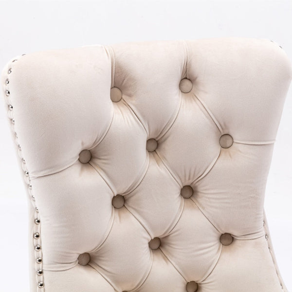 2x Velvet Dining Chairs Upholstered Tufted Kithcen Chair with Solid Wood Legs Stud Trim and Ring-Beige Artiss