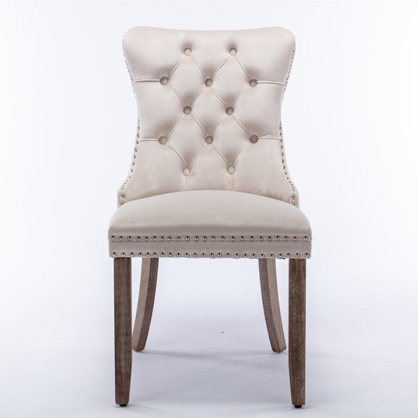 2x Velvet Dining Chairs Upholstered Tufted Kithcen Chair with Solid Wood Legs Stud Trim and Ring-Beige Artiss