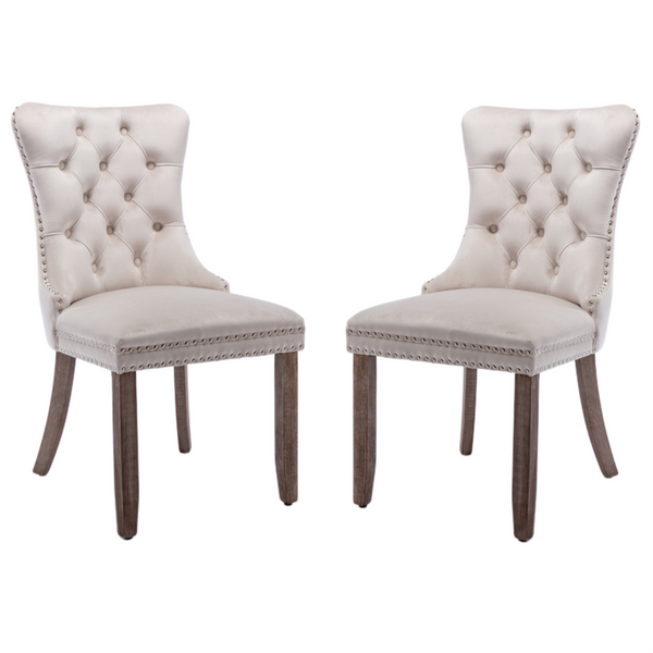 2x Velvet Dining Chairs Upholstered Tufted Kithcen Chair with Solid Wood Legs Stud Trim and Ring-Beige Artiss