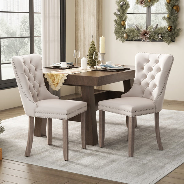 2x Velvet Dining Chairs Upholstered Tufted Kithcen Chair with Solid Wood Legs Stud Trim and Ring-Beige Artiss