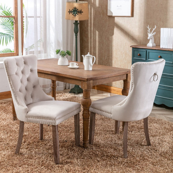 2x Velvet Dining Chairs Upholstered Tufted Kithcen Chair with Solid Wood Legs Stud Trim and Ring-Beige Artiss