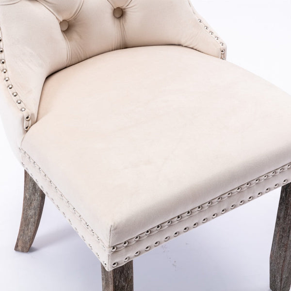 2x Velvet Dining Chairs Upholstered Tufted Kithcen Chair with Solid Wood Legs Stud Trim and Ring-Beige Artiss