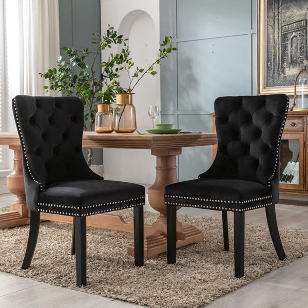 2x Velvet Dining Chairs Upholstered Tufted Kithcen Chair with Solid Wood Legs Stud Trim and Ring-Black Artiss