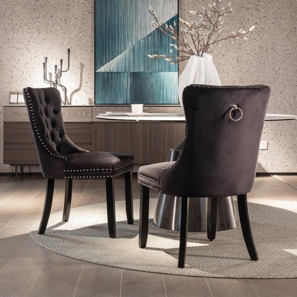 2x Velvet Dining Chairs Upholstered Tufted Kithcen Chair with Solid Wood Legs Stud Trim and Ring-Black Artiss