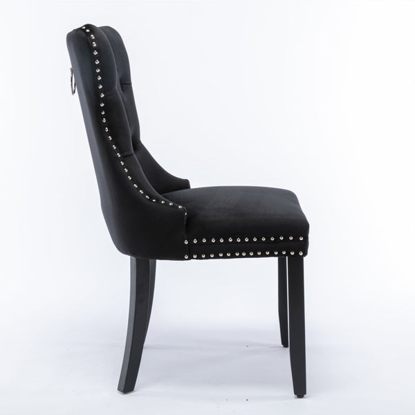 2x Velvet Dining Chairs Upholstered Tufted Kithcen Chair with Solid Wood Legs Stud Trim and Ring-Black Artiss