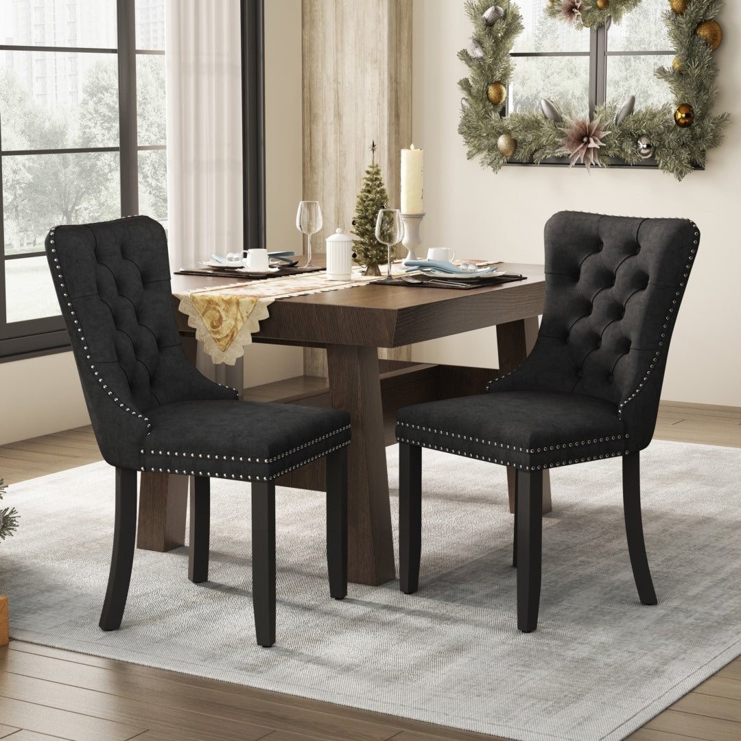 2x Velvet Dining Chairs Upholstered Tufted Kithcen Chair with Solid Wood Legs Stud Trim and Ring-Black Artiss