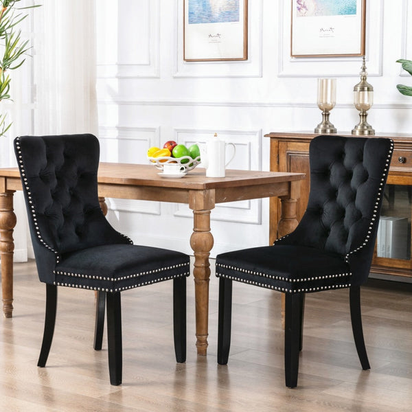 2x Velvet Dining Chairs Upholstered Tufted Kithcen Chair with Solid Wood Legs Stud Trim and Ring-Black Artiss