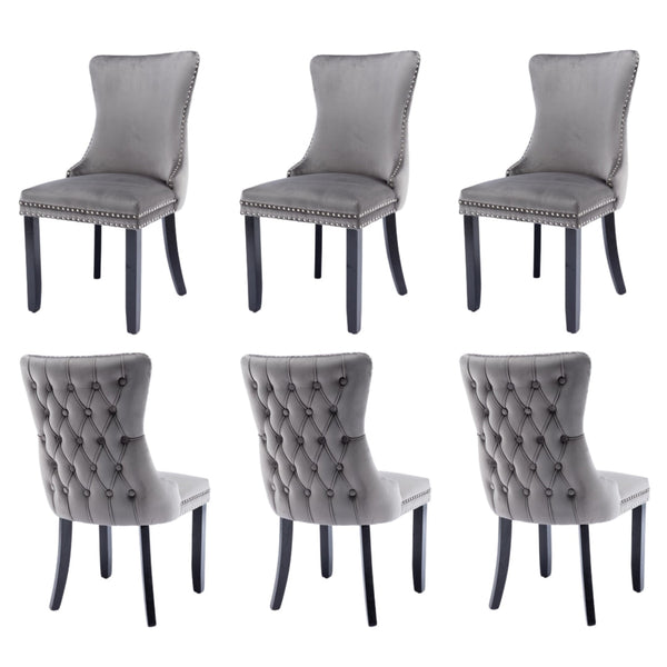 6x Velvet Upholstered Dining Chairs Tufted Wingback Side Chair with Studs Trim Solid Wood Legs for Kitchen Does not apply