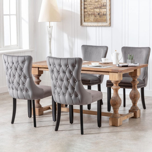 6x Velvet Upholstered Dining Chairs Tufted Wingback Side Chair with Studs Trim Solid Wood Legs for Kitchen Does not apply