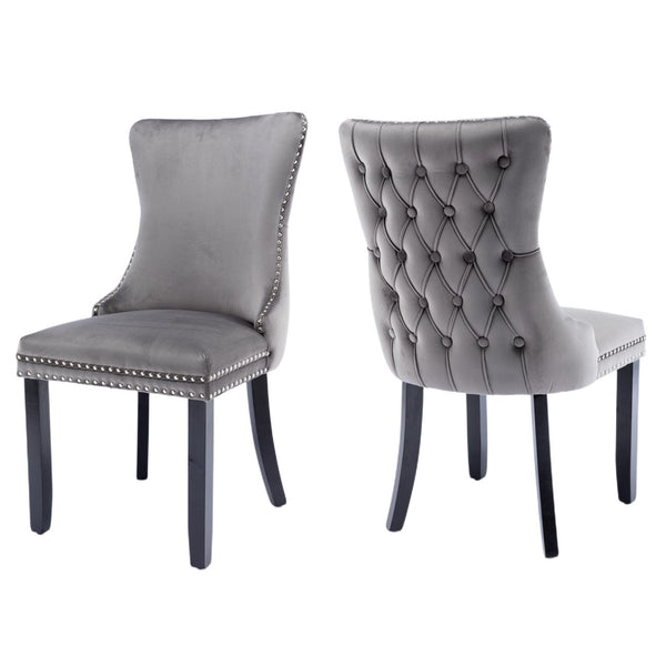 2x Velvet Upholstered Dining Chairs Tufted Wingback Side Chair with Studs Trim Solid Wood Legs for Kitchen Does not apply