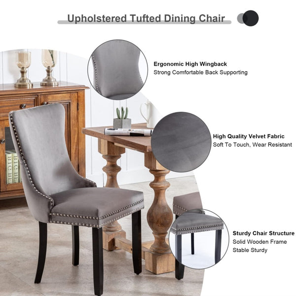 2x Velvet Upholstered Dining Chairs Tufted Wingback Side Chair with Studs Trim Solid Wood Legs for Kitchen Does not apply