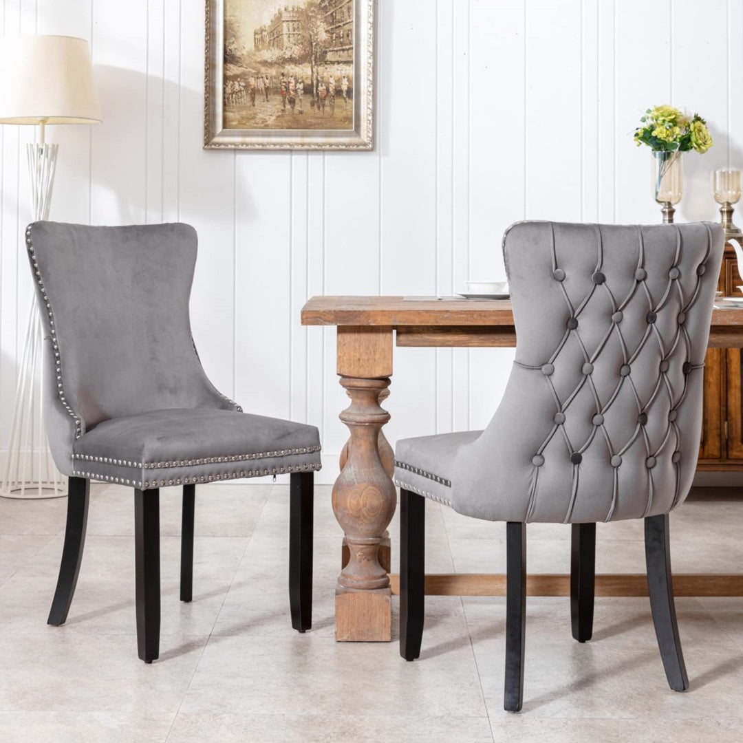 2x Velvet Upholstered Dining Chairs Tufted Wingback Side Chair with Studs Trim Solid Wood Legs for Kitchen Does not apply