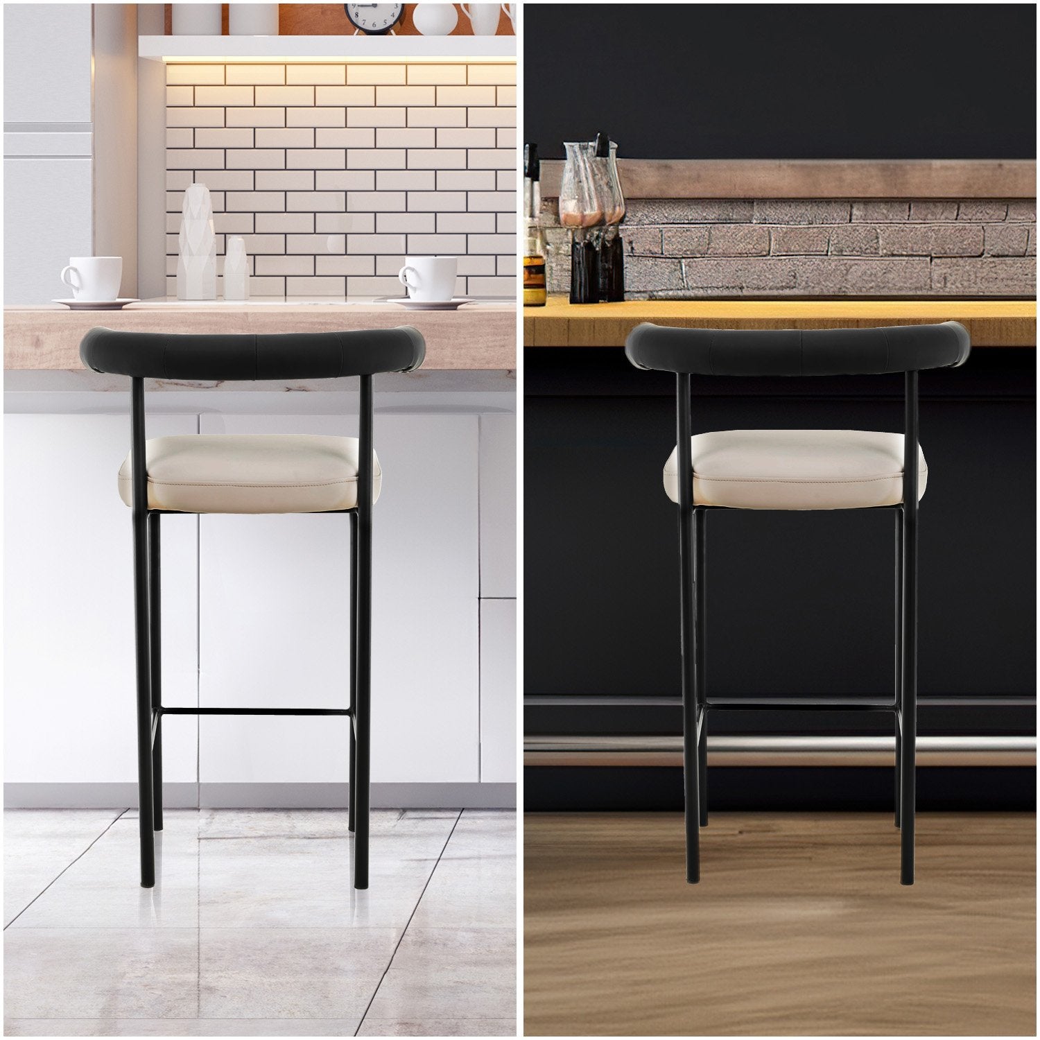 Sarantino Cedric Bar Stool W/ High-density Foam Upholstered In PU Leather Sturdy Iron Frame In Black And Beige Sarantino
