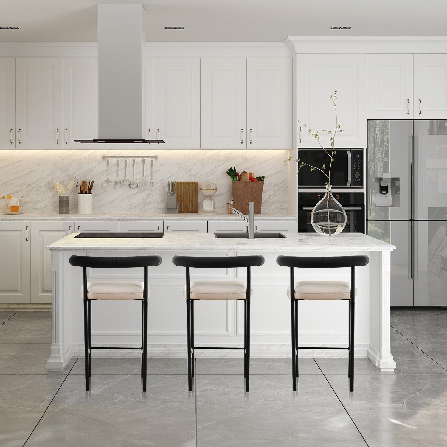 Sarantino Cedric Bar Stool W/ High-density Foam Upholstered In PU Leather Sturdy Iron Frame In Black And Beige Sarantino