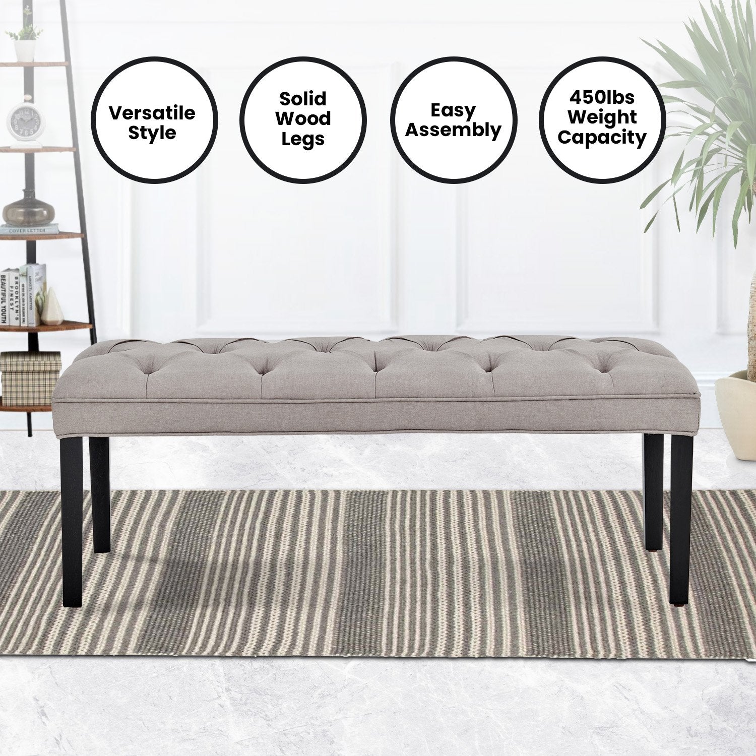Sarantino Cate Button-tufted Upholstered Bench With Tapered Legs By Sarantino - Light Grey Sarantino