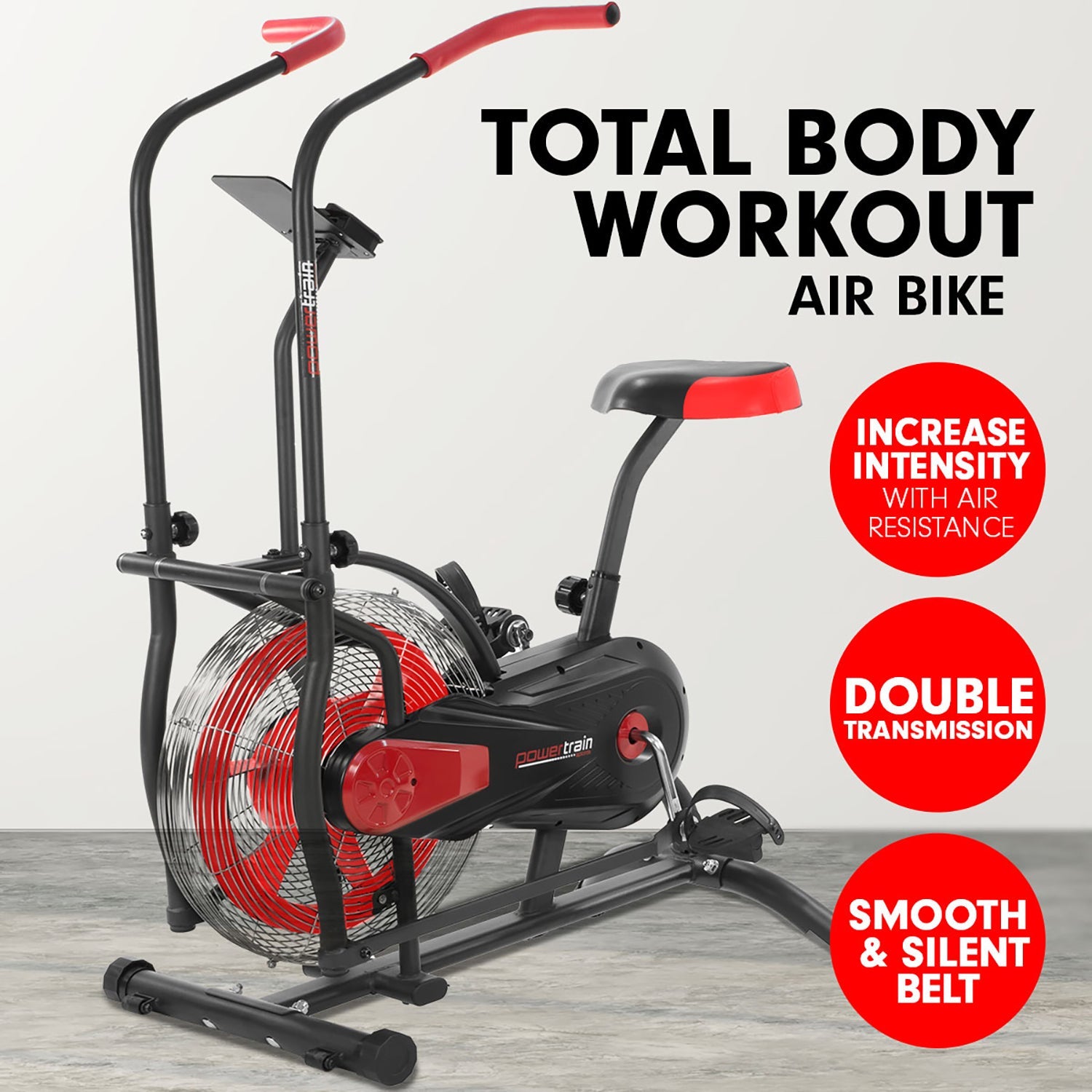 Powertrain Air Resistance Fan Exercise Bike for Cardio - Red Powertrain