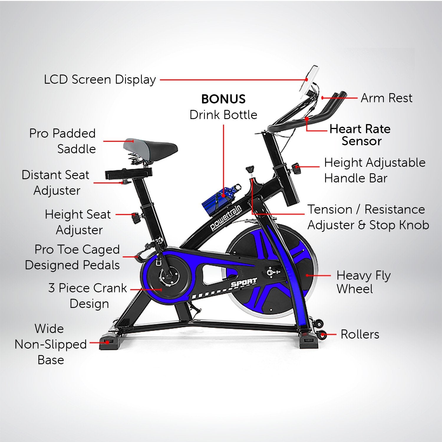Powertrain Home Gym Flywheel Exercise Spin Bike - Blue Powertrain