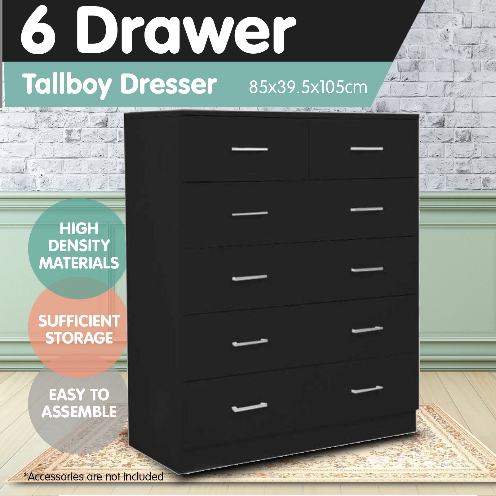 Sarantino Tallboy Dresser 6 Chest Of Drawers Table Cabinet Bedroom Storage Black Sarantino