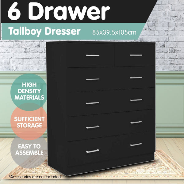 Sarantino Tallboy Dresser 6 Chest Of Drawers Table Cabinet Bedroom Storage Black Sarantino