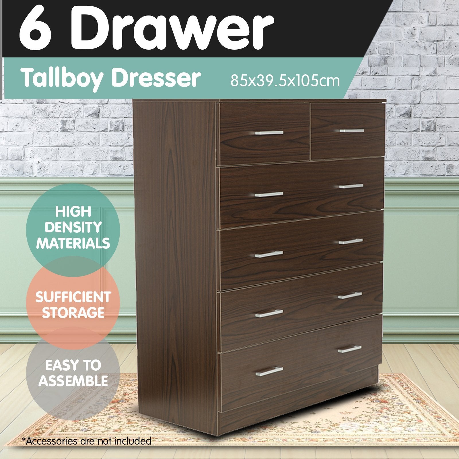 Sarantino Tallboy Dresser 6 Chest Of Drawers Cabinet 85 X 39.5 X 105 - Brown Sarantino
