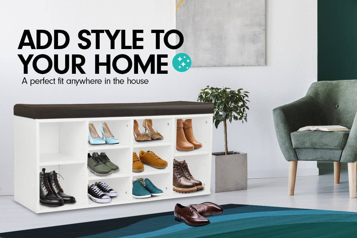 Sarantino Shoe Rack Cabinet Organiser Brown Cushion Bench Stool - 104 X 30 X 45 - White Sarantino