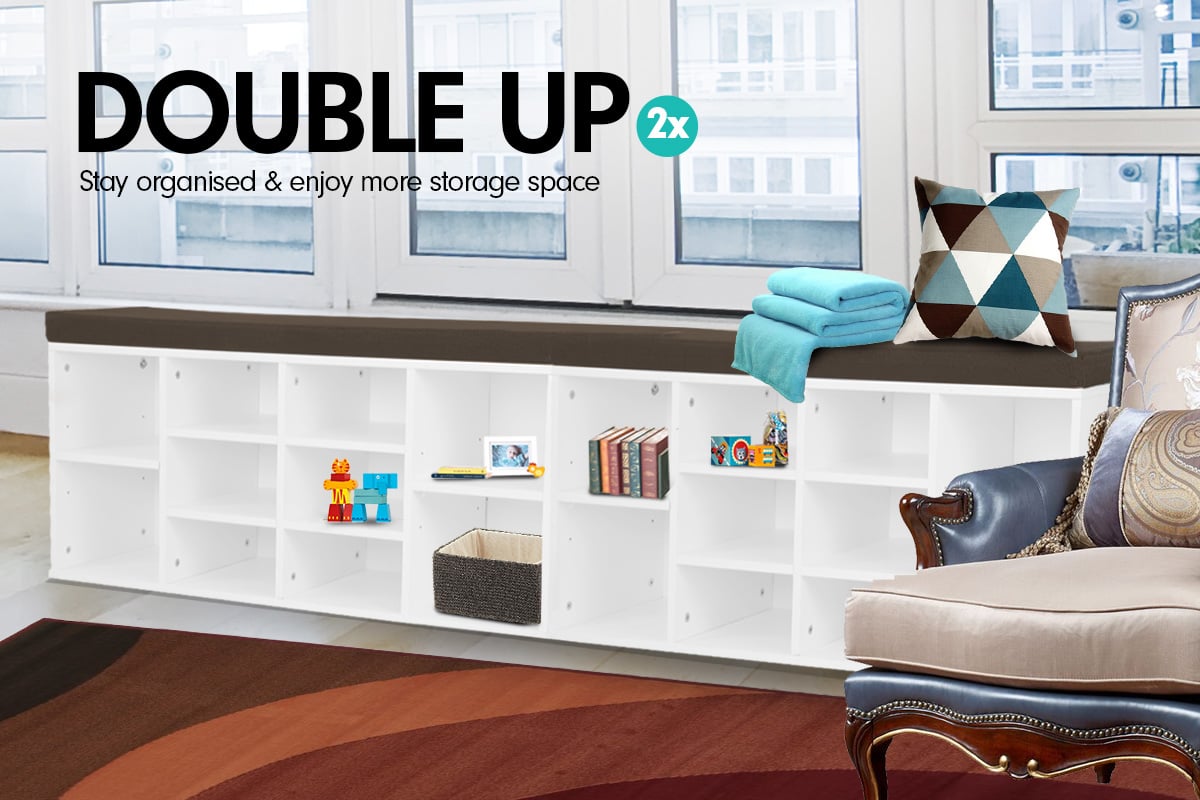 Sarantino Shoe Rack Cabinet Organiser Brown Cushion Bench Stool - 104 X 30 X 45 - White Sarantino