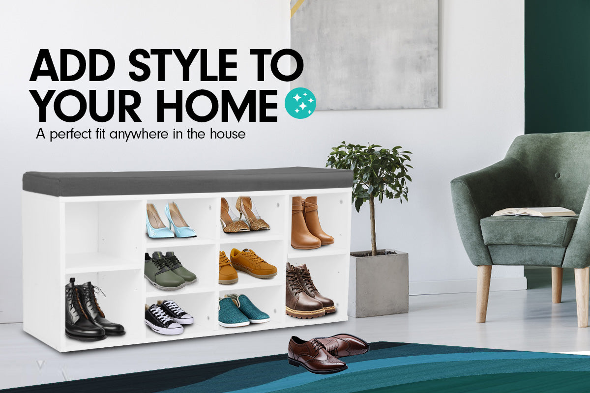 Sarantino Shoe Rack Cabinet Organiser Grey Cushion Sttol Bench Ottoman - 104 X 30 X 45 - White Sarantino