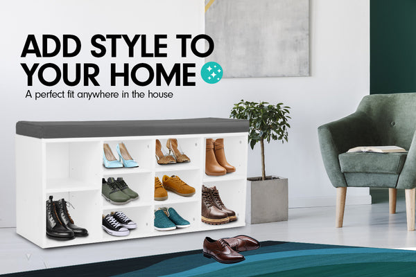 Sarantino Shoe Rack Cabinet Organiser Grey Cushion Sttol Bench Ottoman - 104 X 30 X 45 - White Sarantino