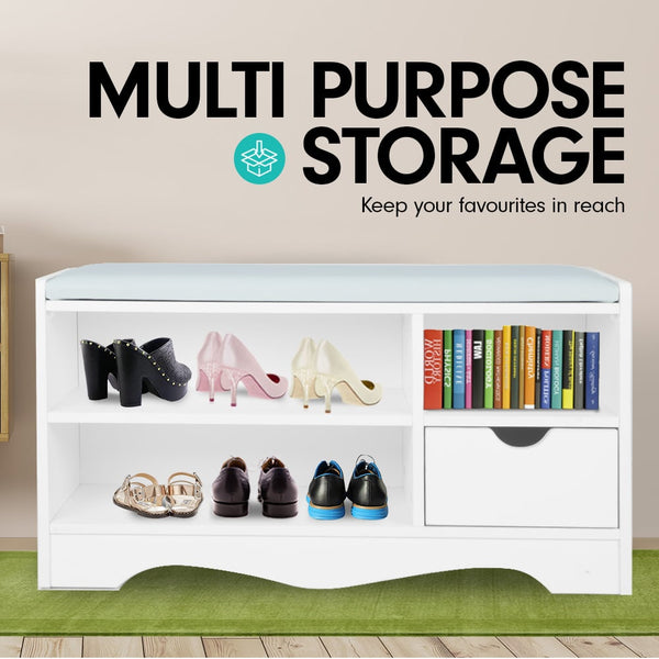 Sarantino Shoe Rack Cabinet Organiser Grey Cushion Stool Bench - 80 X 30 X 45 - White Sarantino