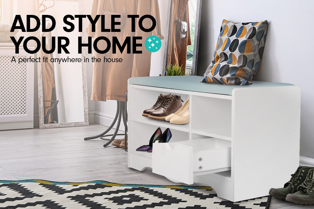 Sarantino Shoe Rack Cabinet Organiser Grey Cushion Stool Bench - 80 X 30 X 45 - White Sarantino