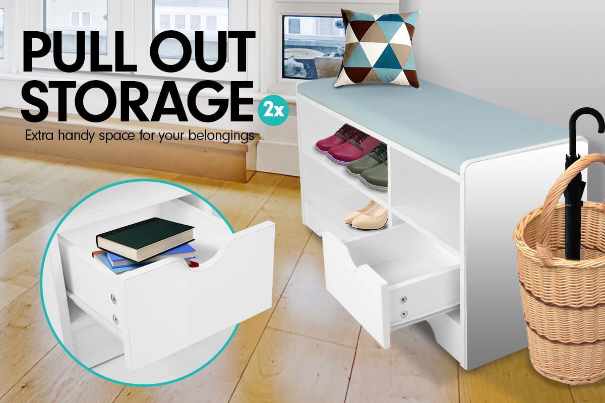 Sarantino Shoe Rack Cabinet Organiser Grey Cushion Stool Bench - 80 X 30 X 45 - White Sarantino