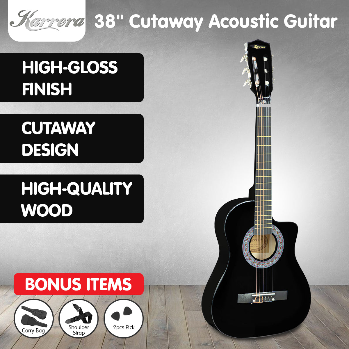 Karrera 38in Cutaway Acoustic Guitar with guitar bag - Black Karrera