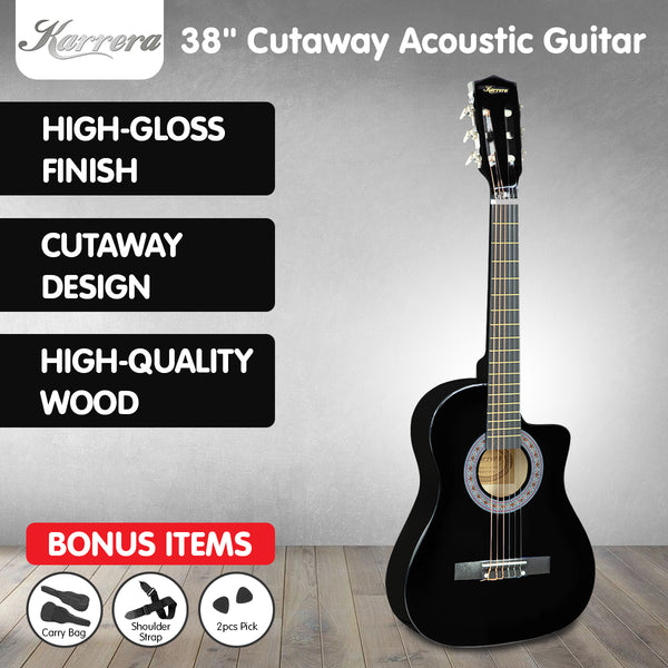 Karrera 38in Cutaway Acoustic Guitar with guitar bag - Black Karrera