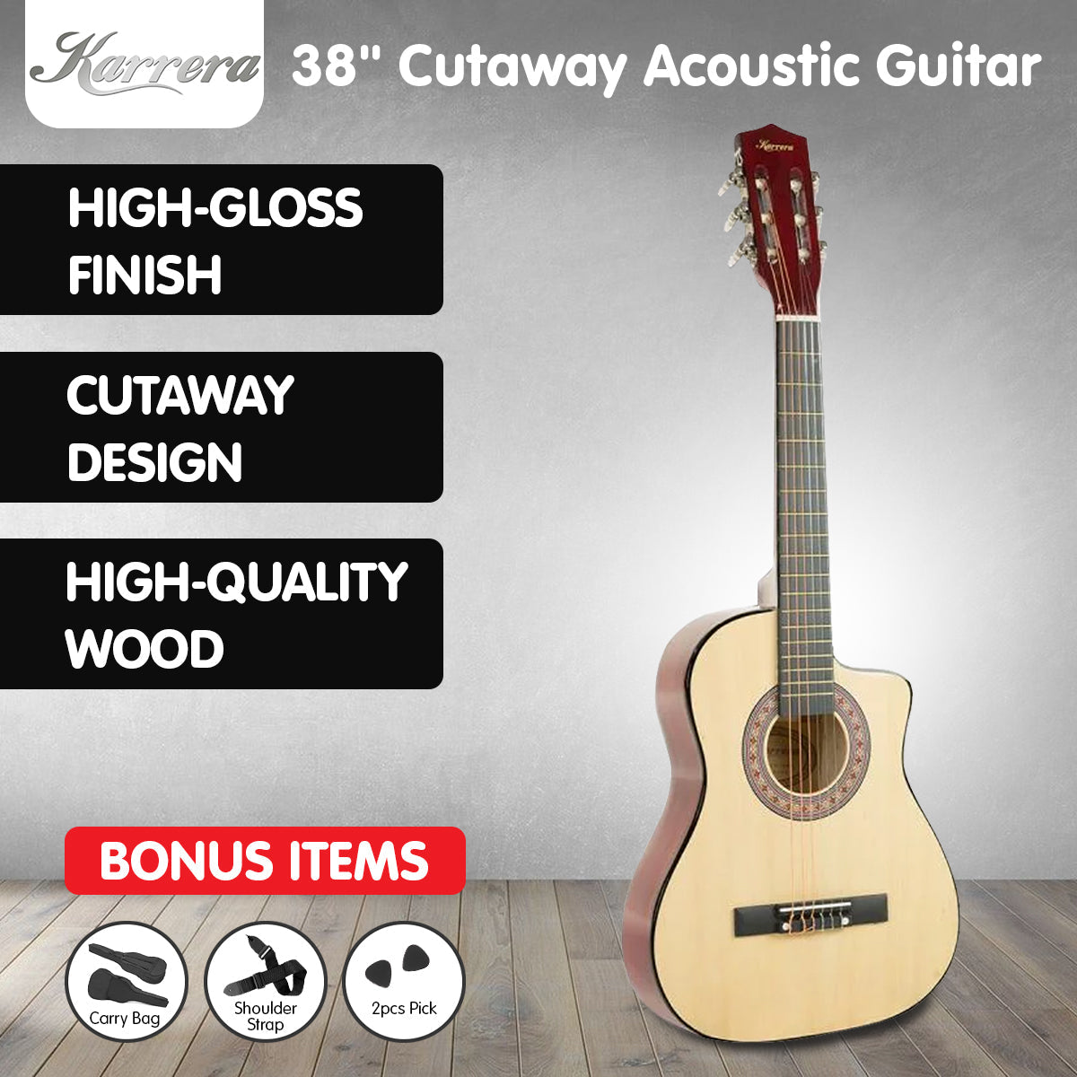 Karrera 38in Cutaway Acoustic Guitar with guitar bag - Natural Karrera