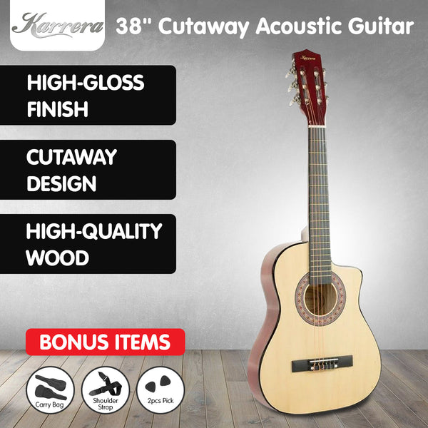 Karrera 38in Cutaway Acoustic Guitar with guitar bag - Natural Karrera